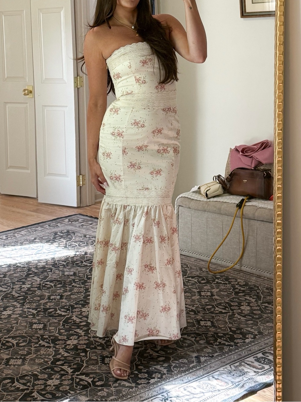 House of CB Strapless Cream Maxi Dress with Pink Floral Print